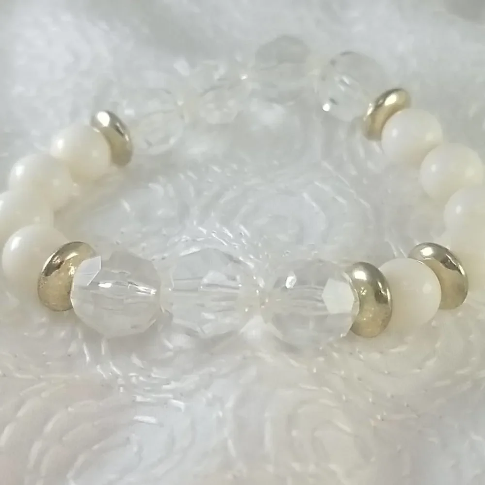 Stretch Bead Bracelet Clear Cream Beaded Gold Spacer